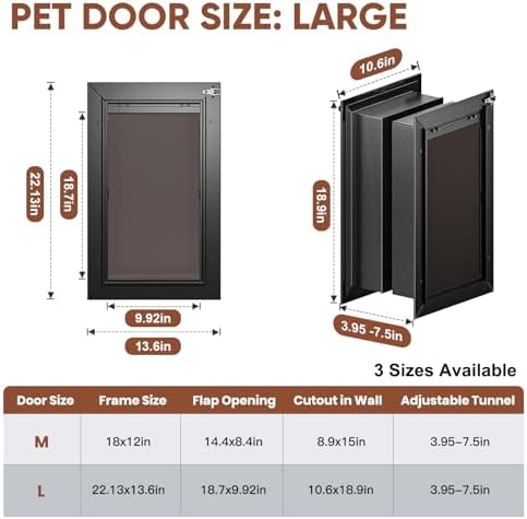 3-Flap Insulated Aluminum Large Dog Door for Wall | Pets Up to 110 LB, Heavy-Duty Telescoping Tunnel, Magnetic Design, Dustproof & Rustproof, Dual Security Locks & Closing Panel