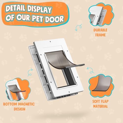 Cat Door for Interior & Exterior Doors, Pets Up to 20 lb, White | Soft Magnetic Flap, Sliding Lock Panel, Adjustable Tunnel, Save energy, Prevents Paw Pinching, Easy DIY Installation