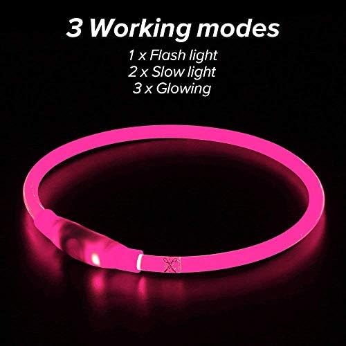 Flashseen LED Dog Collar, USB Rechargeable Glow Lighted up Collar, Pink