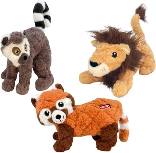 KONG Scampers Wildlife Plush Dog Toys – Variety 3-Pack Bundle (Red Panda, Lion, Lemur) – Soft & Durable with Low-Tone Squeaker – Great for Medium & Large Dogs