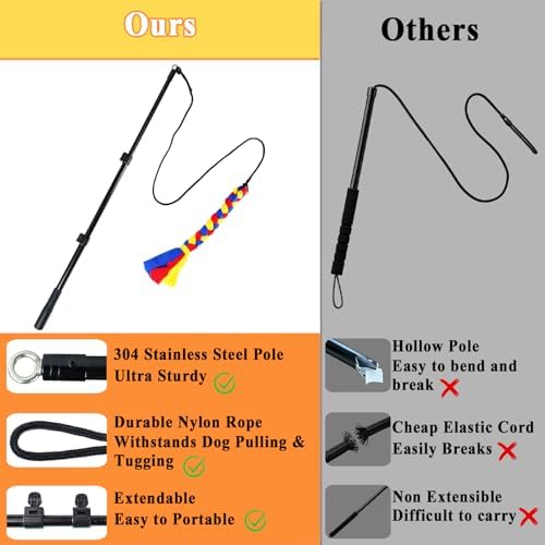 Flirt Pole for Dogs, Heavy Duty Dog Teaser Wand with 3 Replacement Rope