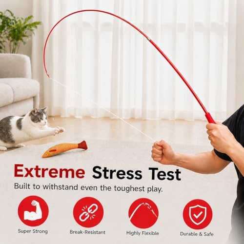 12PCS Interactive Cat Wand Toy Set, 2PCS Retractable Cat Teaser with 10 Replacement Refills (Feathers, Worms, Fish, Extra String), Extendable Cat Fishing Pole for Indoor Cats Exercise & Play