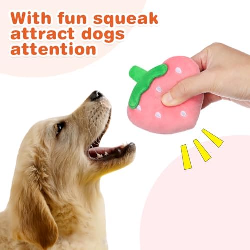 POPETPOP 2Pcs Dog Plush Squeaky Toys - Soft Strawberry Shape Interactive Puppy Chew Toy Stuffed Strawberry for Dogs Teething, Playing, Chewing for Holiday Christmas