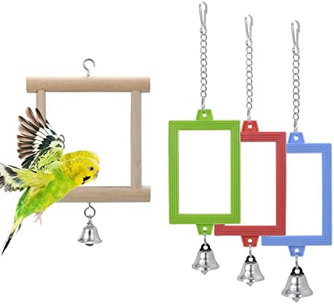 Wontee 4 PCS Bird Mirror with Bell Hanging Interactive Toy (Multi-Colored)