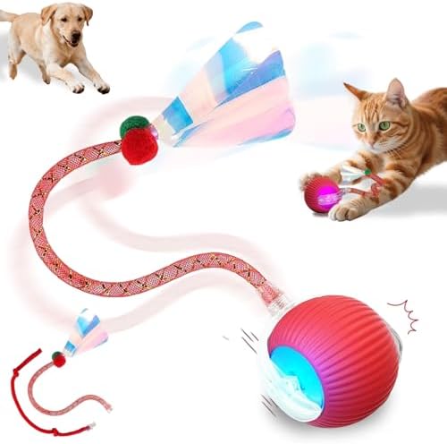 Interactive Cat Toys Smart Ball for Cats and Dogs, 360° Automatic Rolling Chase, 2 Rapid-Action Tails, Designed for Indoor pet Exercise, Boredom Relief, and Fun Chase Play.(Red)
