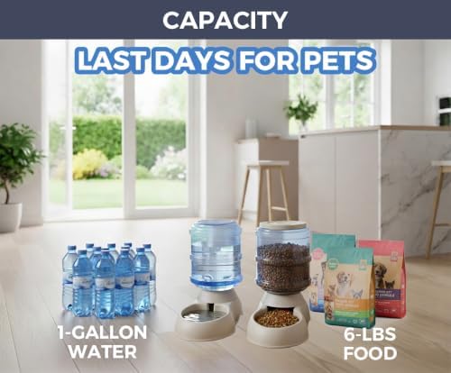 Automatic Cat & Dog Feeder and Water Dispenser Set with Scoop | 1 Gallon Gravity Food Feeder and Waterer Set for Small Medium Puppy and Kitten Pack of 2