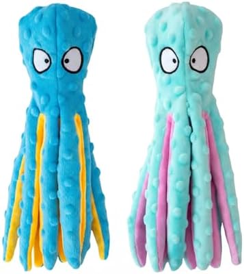 Squeaky Dog Toys, 2PCS No Stuffing Crinkle Plush Dog Toys Octopus