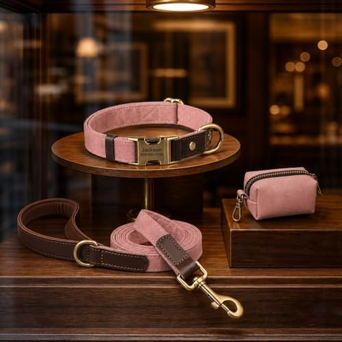Personalized PU Leather Dog Collars, Quick Release Buckle, Pink,L