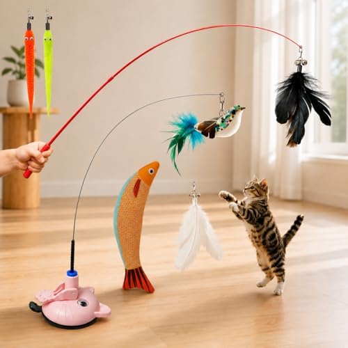 9PCS Interactive Cat Toys for Indoor Cats, Suction Cup Cat Wand Toy with Replaceable Feather & Fish Teasers, Flexible Spring Pole Kitten Exercise Toy for Boredom Relief and Hunting Training