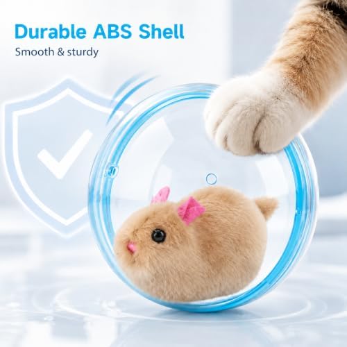 Self Rolling Interactive Cat Ball, Automatic Moving Cat Toy with Plush Animal Inside, 360° Rolling Cat Chasing Ball with Transparent Ball for Cats Dogs Small Pets (Blue,Brown Mouse)
