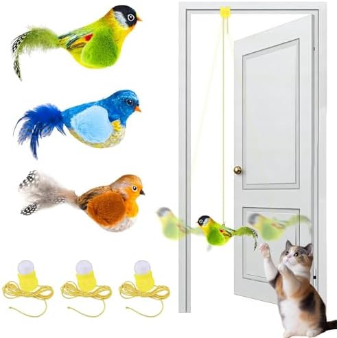 Shudyear 3 Pack Interactive Cat Toys with Chirping Bird Sound – Door Frame Cat Toy Hanging Teaser, Automatic Cat Door Toy for Indoor Cats, Feather Toy for Bored Cats