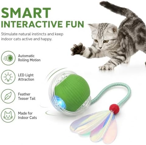 Interactive Cat Toy Ball with LED Lights – USB-C Rechargeable Automatic Cat Toy with Feather Tail for Indoor Cats & Kittens, Upgraded Version