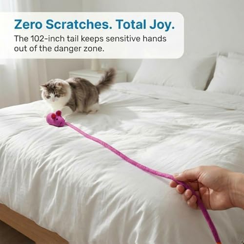 Glaciart One Felt Mouse Cat Toy – Soft Fuzzy Enrichment 100% Natural Wool - Interactive Catnip Play Cat Toy Set - Safe for Pets, Non-AZO Colored Dyes - 100” Long