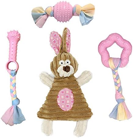 Volacopets Puppy Toys for Teething Small Dogs Interactive Tiny Dog pet Chew Toy Soft Rubber Puppies Cute Pink Bunny, Small Breed 4-Pack