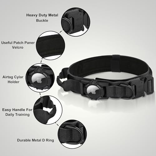 Tactical AirTag Dog Collar Leash Set - Heavy Duty, Adjustable GPS Collar