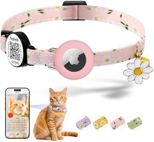 QR Code + Airtag Cat Collar, 2-in-1 Breakaway Safety Collar with Online ID & Apple AirTag Holder, Lightweight with Bell & Flower Charm for Cats, 8-13in (Pink)