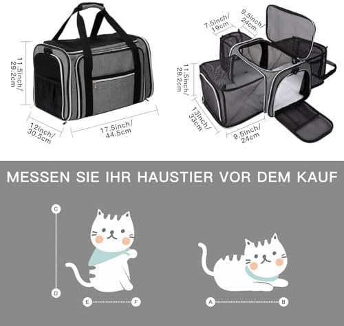 BAGLHER Expandable Cat Carrier with Travel Litter Box, Pet Travel 5 Sides Open Doors 3 Sides, Leak-Proof and Collapsible, for Car, Airplane Trip, Grey