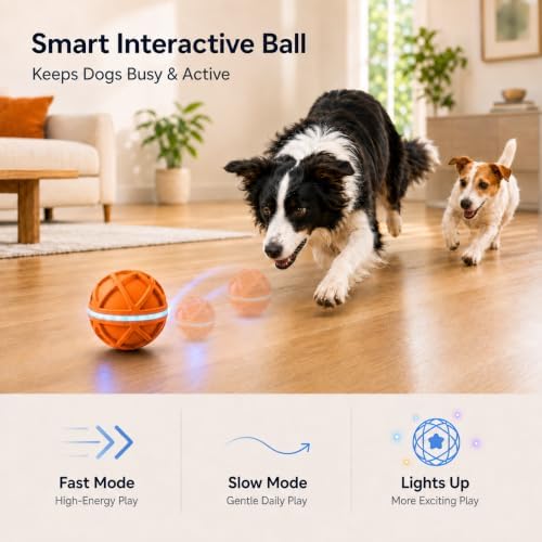 2026 Upgraded Smart Interactive Dog Toy, [Automatically Moves, Bounces & Rotates] Rechargeable Dog Ball with Colorful Lights for Active Play and Boredom Relief, Gift for Medium & Large Dogs