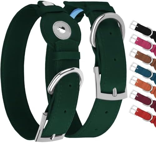 Leather Dog Collar with Airtag Holder - Apple Air Tag Dog Collars - Soft Tracking GPS Pet Collar for Small Medium Large Dogs Breed Puppy (Green, L, 15"-19" Neck Fit)
