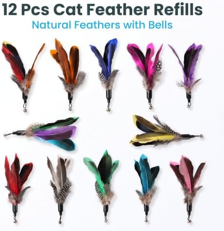 Cat Wand Attachments - Colorful Natural Feather Cat Toy Refills with Bells, Feather Wand Cat Toys for Compatible Teaser Wands (12feather)
