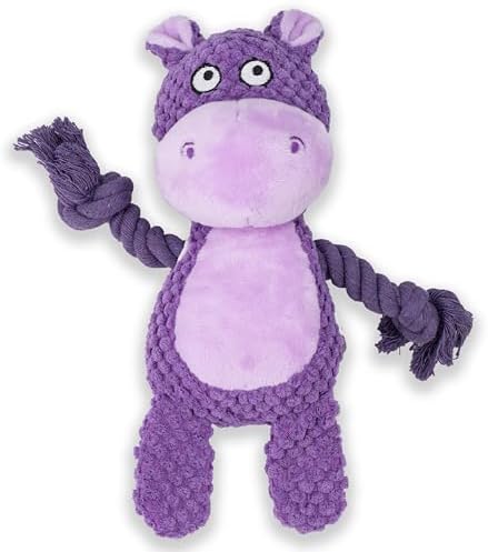 Squeaky Dog Toy Chew Plush Stuffed with Cotton Rope Crinkle Paper Soft Interactive Durable for Small Medium Large Dogs Puppy Pet Purple Hippo