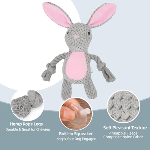 Plush Bunny Dog Toy, Squeaky Tug Toy with Rope Arms for Small Medium Dogs