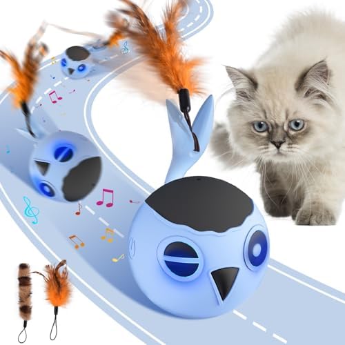 Cat Toys Ball, Smart Motion Sensor Moving Ball with 4 Sounds& 3 Speed Modes | Interactive Automatic Cat Toy for Indoor Cats,Fast Rolling Motion Activated Chirping Stimulating Light, 2 Feather Refill