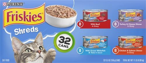 Friskies Purina Gravy Wet Cat Food Variety Pack, Savory Shreds with Beef, Turkey and Cheese Dinner, Chicken & Salmon Dinner, with Ocean Whitefish & Tuna - 5.5 oz. Cans (Pack of 64)