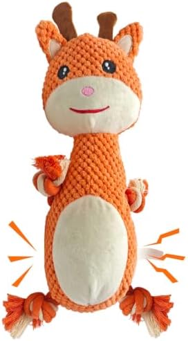 Orange Deer Plush Chew Dog Toy, 13.8 in, Squeaker and Rope