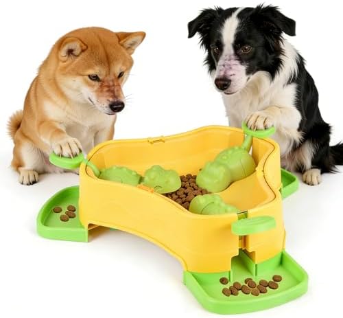 Dog Cat Treat Dispenser Slow Feeder Toy, 3-in-1 Interactive Dog Puzzle Press Toys, Dog Enrichment Toy No-Slip Interactive Brain Training Toys for Smart Dog Cats (Yellow/Green)