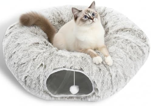 AUOON Plush Cat Tunnel Bed for Indoor Cats, 36" L x 36" W x 11.5" H, Khaki