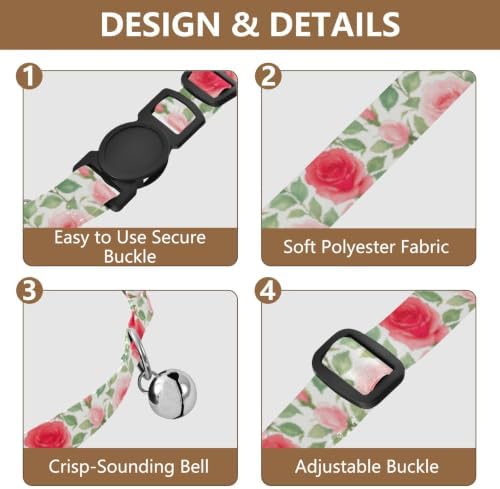 2 Pack Cats Collar Roses Green Leaf Bell Collar for Small Dogs, Adjustable Length 10.6" to 17.1"