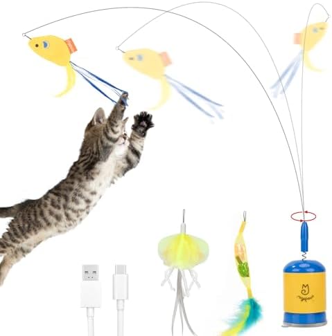 Migipaws Interactive Automatic Cat Teaser Wand Toy with Strong Suction Cup, 70cm Flexible Wire & DIY Bending Design, Rechargeable Cat Exercise Toy with Auto Timer for Indoor Cats (Blue)