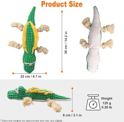 Green Crocodile Chew Plush Dog Toy, 14.2 in, Squeaker and Rope