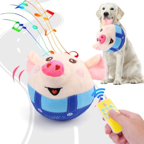 BABORUI Blue Pig Interactive Dog Toy, Remote Control Jumping Squeaky Toy with Recording & Music Modes, Rechargeable Moving Dog Chew Toy for Small/Medium/Large Dogs