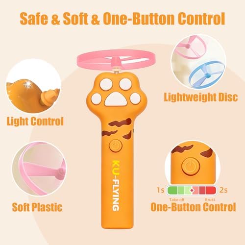 Cat Fetch Toy Launcher, Flying Disc Launcher with Rechargeable & 6 Soft Flying Discs (3 Glow), Easy Use Interactive Toys for Indoor Adult Cats & Kittens for Enrichment