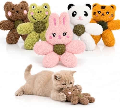 Cat Toys with Catnip Kitten Chew Bite Supplies Boredom Relief Fluffy Kitty Teeth Cleaning Chewing Cat Lovers Interactive Plush Gift (Rabbit&Forg&Panda&Tiger&Bear)