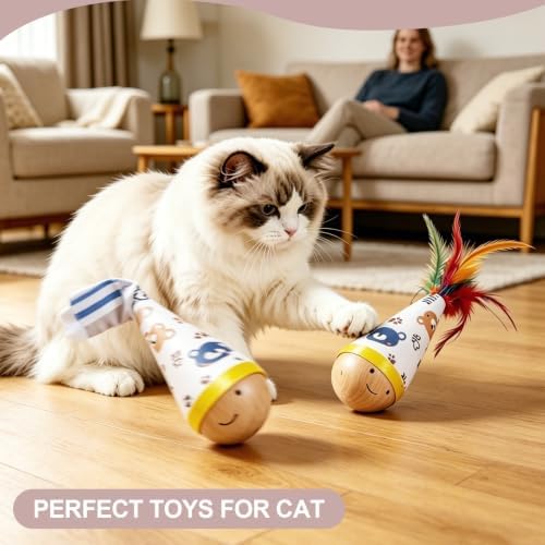 Interactive Cat Wobbler Toy for Indoor Cats Bouncy ball with feather Tails