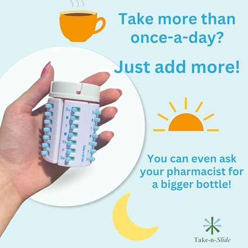 TAKE-N-SLIDE Peel and Stick Reusable for 12 + Refills, Pill/Medication/Vitamin/Pet Med Tracker & Reminder, Attach to Your Bottle, Organizer-Free, Curved‑Back, White & Blue (2-Pack, 1 Each)