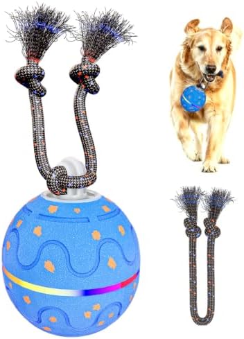 Interactive Dog Ball Toy with 2 Rope, Automatic Rolling & Bouncing Smart Dog Toy with Bird Chirping Sound and LED Light, Soft ETPU Chew-Safe Material, USB Rechargeable, for Medium & Large Dogs