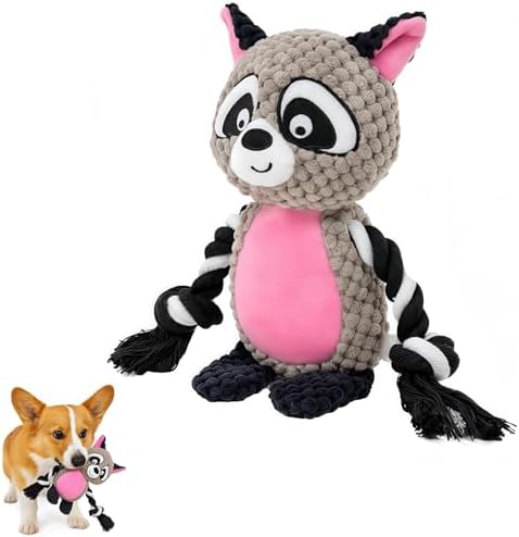 Raccoon Plush Dog Toy with Squeaker, Crinkle Paper & Rope for Small Dogs