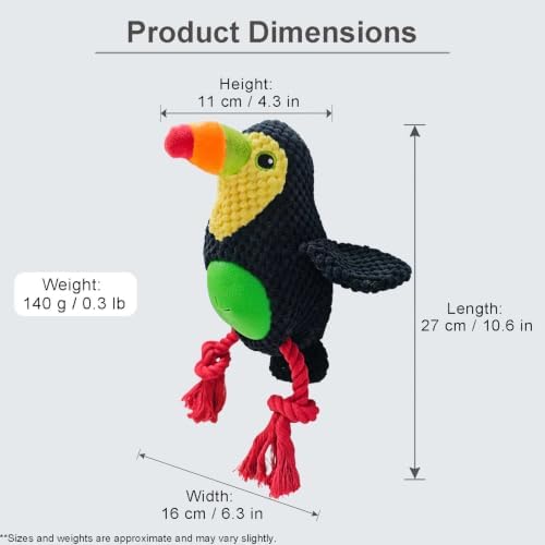 Black Toucan Bird Dog Chew Toy, 10.6 in, Squeaker Rope Treat Toy