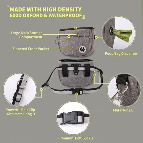Large 7 Cup Dog Treat Pouch with Clicker,Treat Pouches for Pet Training,Crossover Self-Closing Bag,Built-in Poop Bag Dispenser, 46“ Free Hand Waist Belt for Walks/Oxford Fabric/double pocket(Blue)
