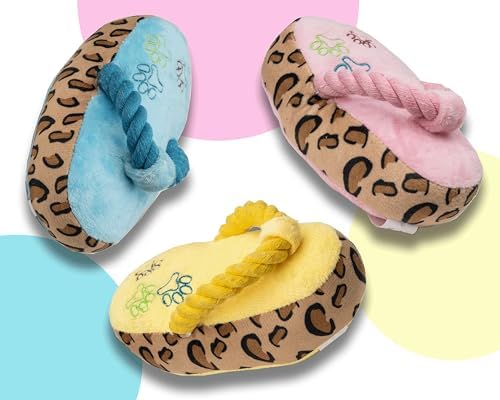Dog Toy Slipper 3pcs Set Squeaky Chew Plush Stuffed Flip Flops Shoes Rope Interactive Puppy Pet Gift Relieve Anxiety Colorful Blue Pink Yellow