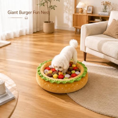 3‑in‑1 Hamburger Shaped Dog Bed, Snuffle Mat Interactive Enrichment Toy with Detachable Washable Cover, Soft Stress Relief Plush Pet Nest for Small and Medium-Sized Dogs, Indoor Comfort Use，Type A