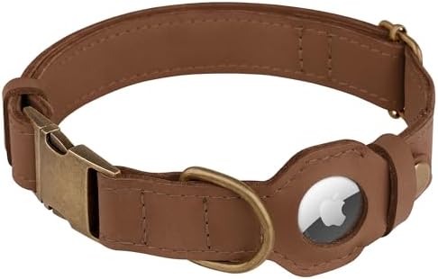 AirTag Dog Collar - Genuine Leather Dog Collar with Apple AirTag Holder and Metal Buckle - Smart GPS Tracking Pet Collars (Tawny, M, 14"-18" Neck Fit)