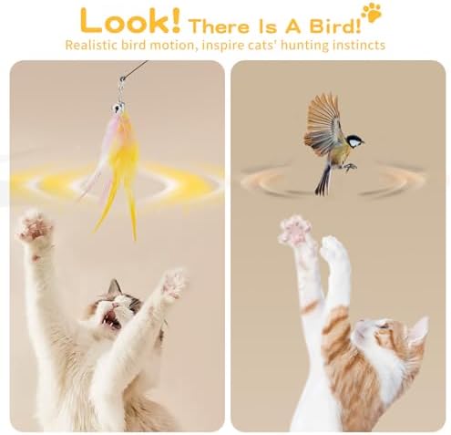 Pawaboo Cat Feather Wand Interactive Toy, 2 Feathers + 1 Wand with Bell