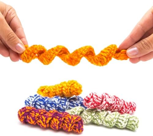 Glaciart One Crochet Spring Cat Toy – 5 Pcs Soft Fuzzy Enrichment 100% Natural Wool Yarn - Interactive Stretchable Play Cat Toy Set - Safe for Pets, Non-AZO Colored Dyes