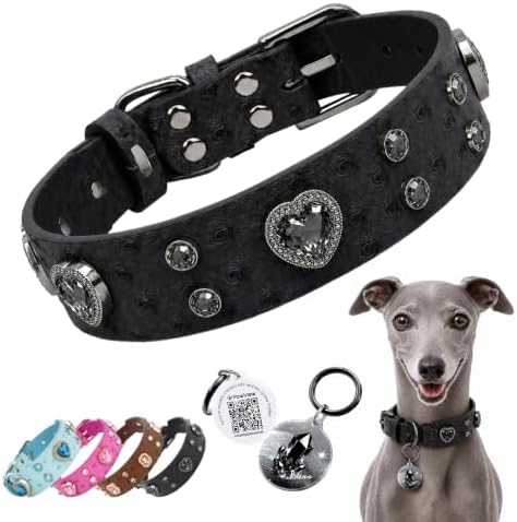 Rhinestone Dog Collar with QR ID Tag, Ostrich-Embossed, Black, L | Crystal Dog Collar with Ostrich-Embossed Texture, Adjustable Waterproof Fit and QR Scan Pet ID for Stylish Daily Wear