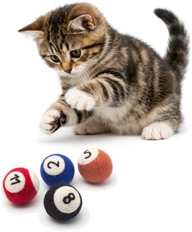 Glaciart One Wool Pool Ball Cat Toy – 4 Pcs with Catnip - Soft Fuzzy Enrichment 100% Natural Felt Cat Toy - Interactive Play Set - Safe for Pets, Non-AZO Colored Dyes – 1.5”